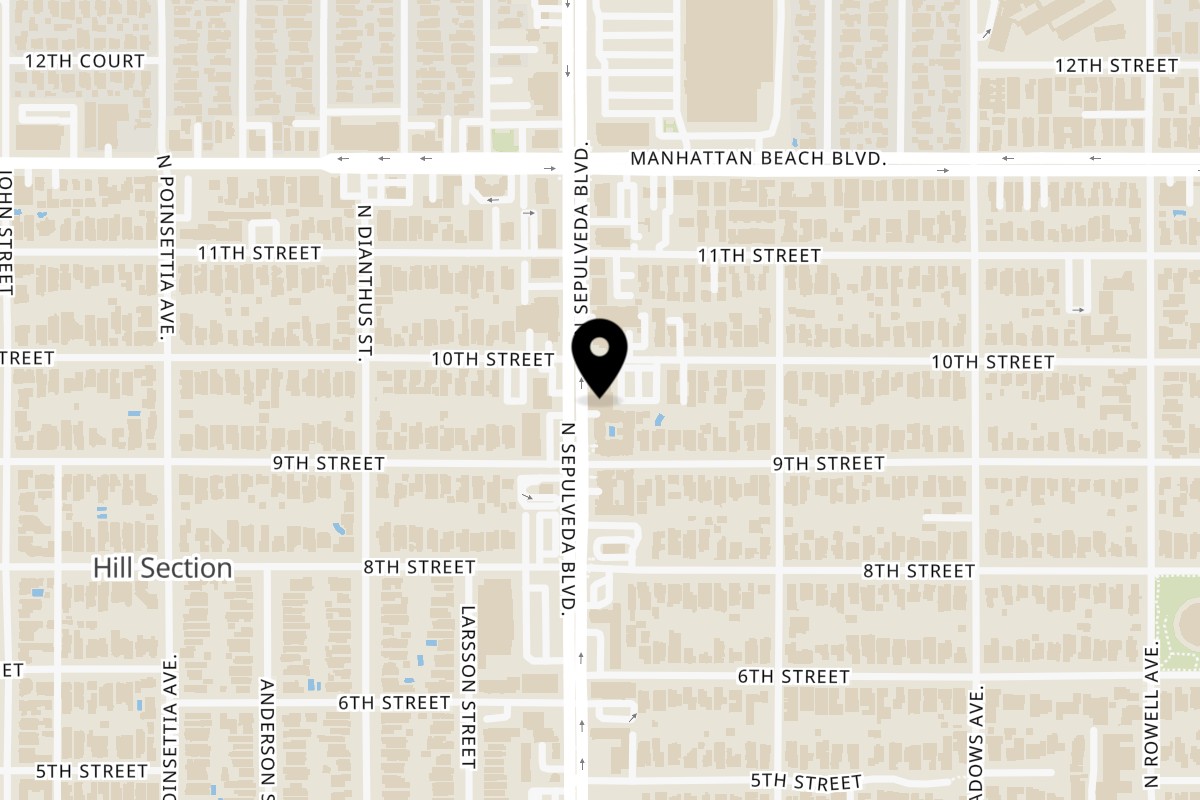 Map showing the location of India’s Tandoori Halal Indian Restaurant on 916 N Sepulveda Blvd in Manhattan Beach